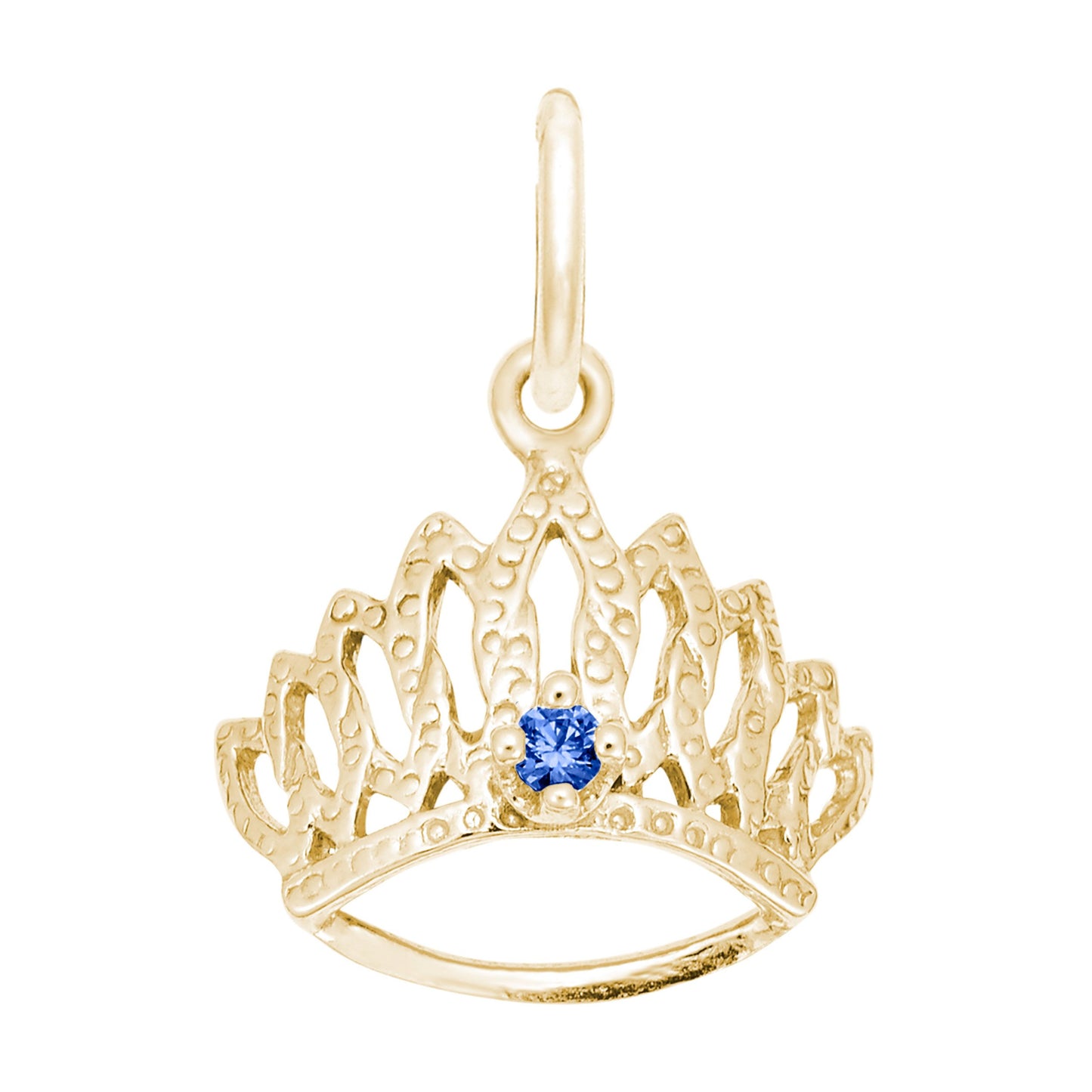 Gold tiara-shaped charm with a blue gemstone on a white background