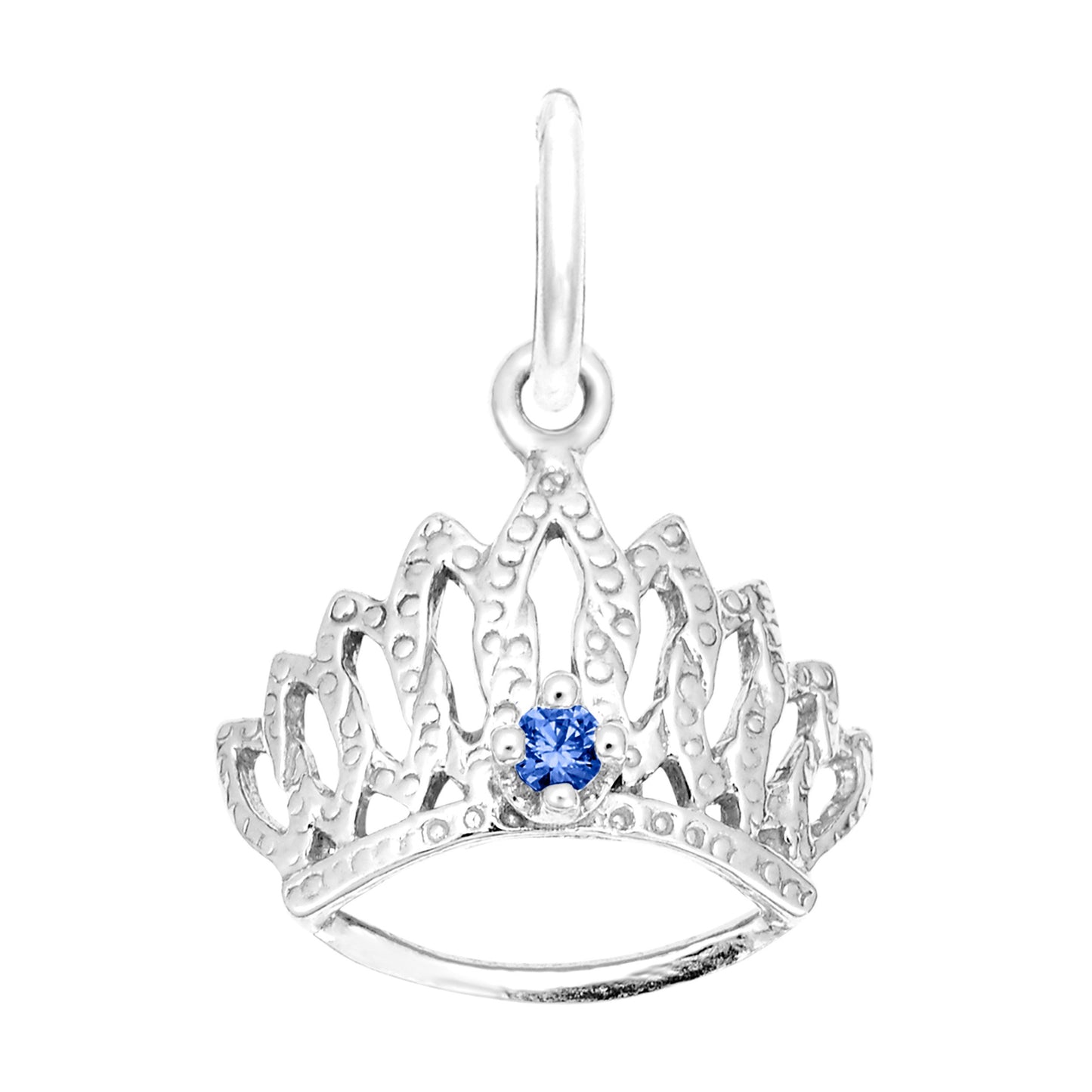 Silver tiara-shaped charm with a blue gemstone on a white background