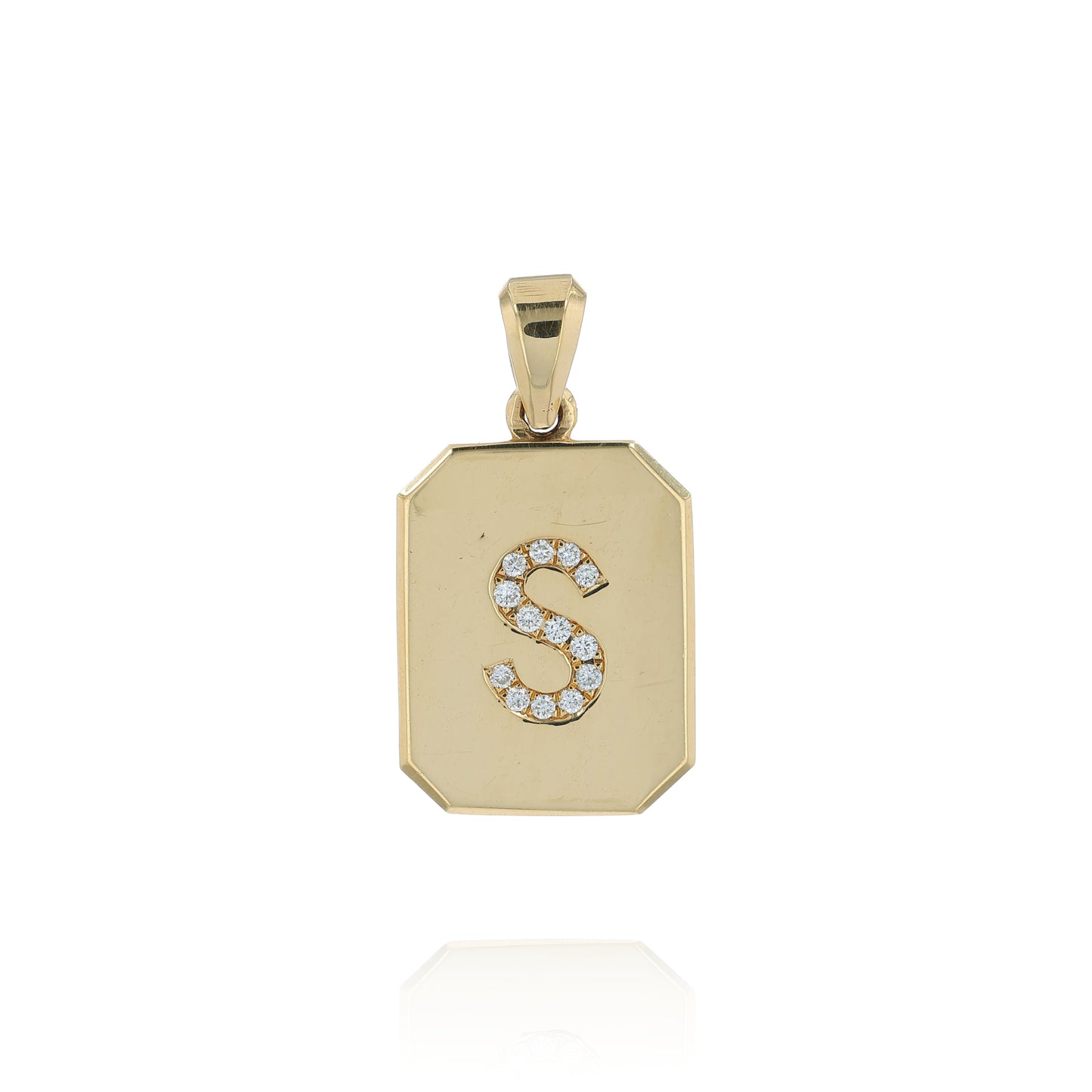 Yellow gold rectangular letter "S" diamond initial pendant on a white background