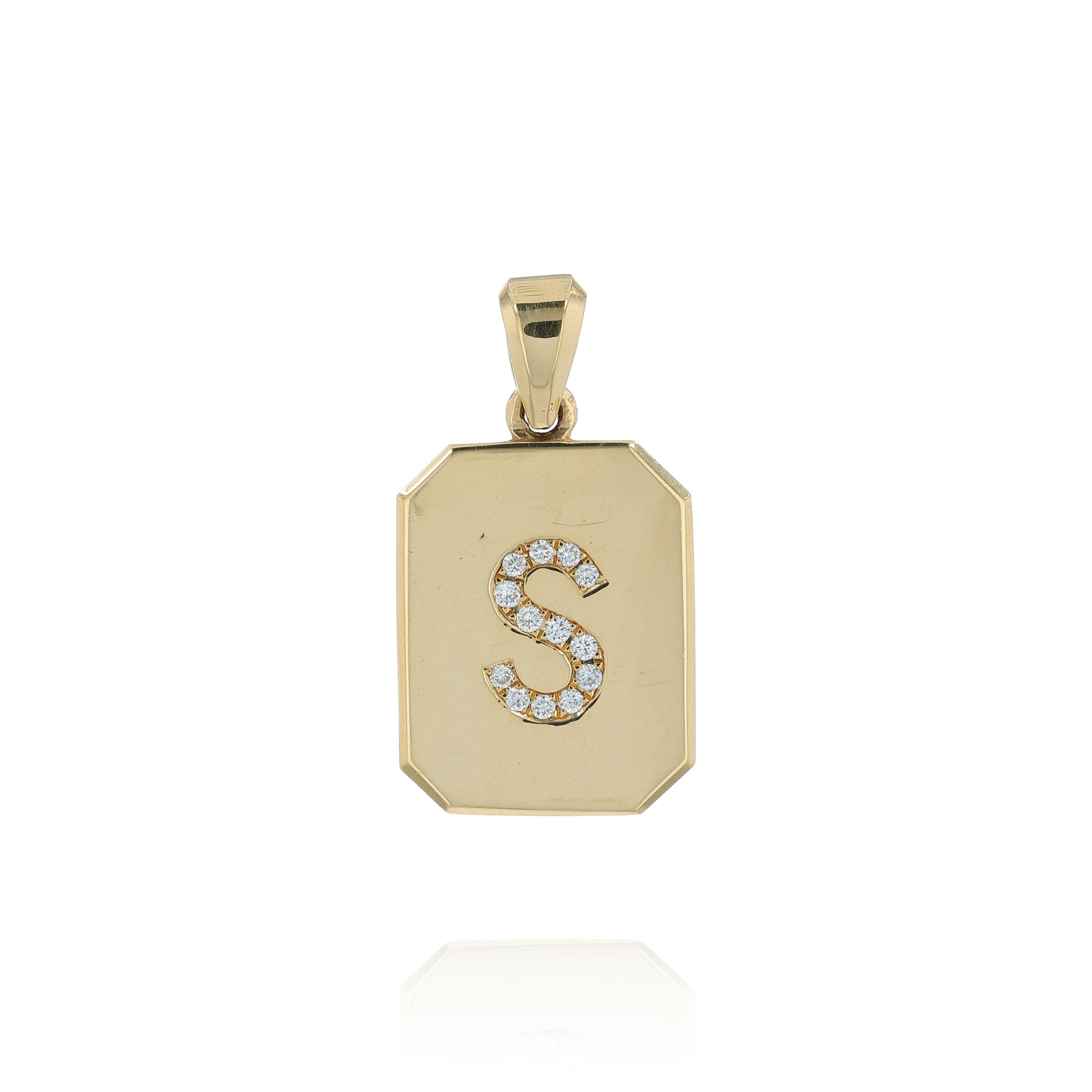 Yellow gold rectangular letter "S" diamond initial pendant on a white background