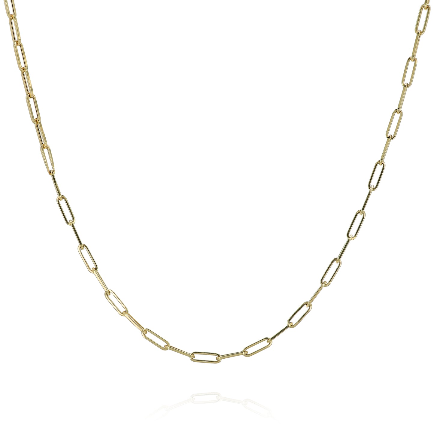 Yellow gold paperclip link chain necklace on a white background