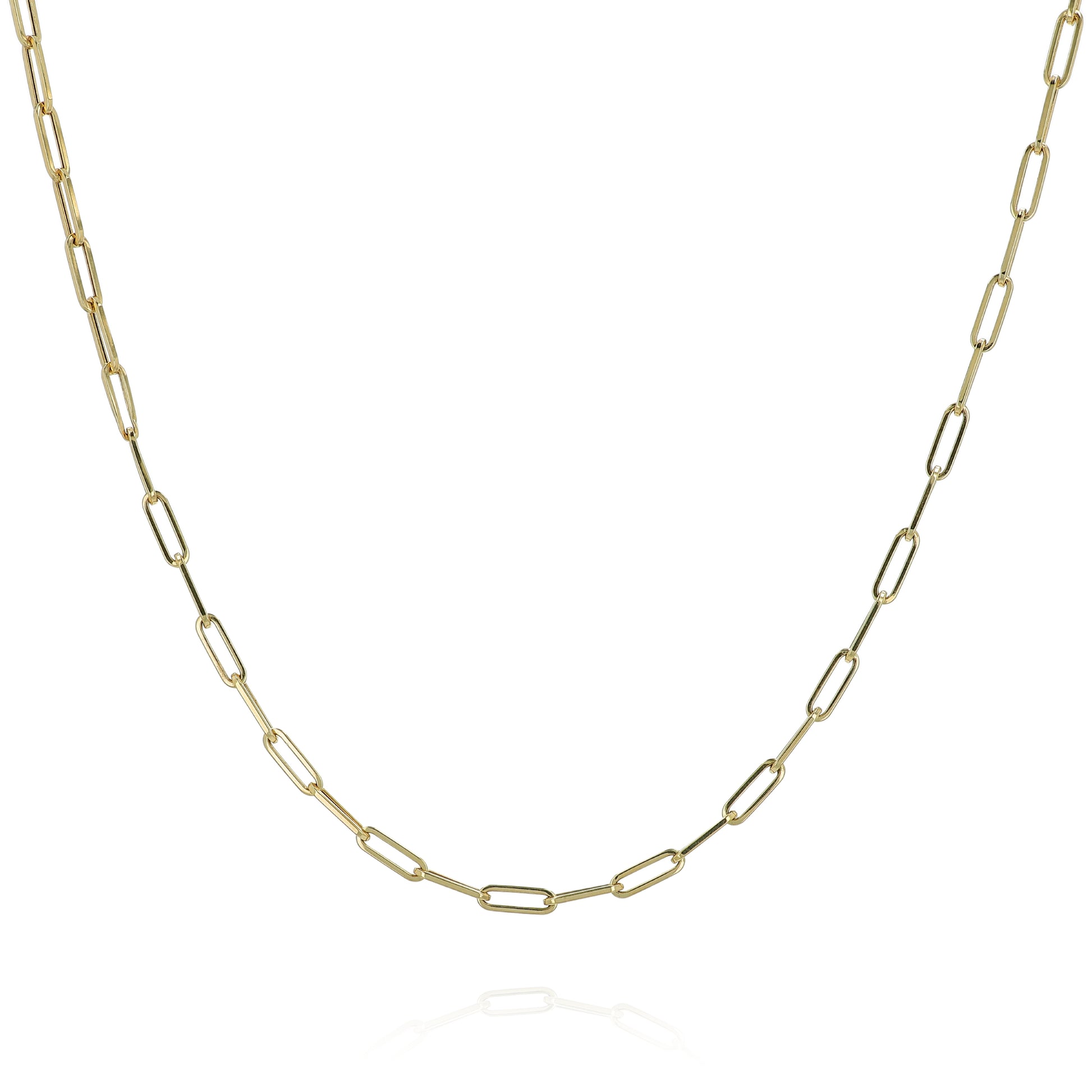 Yellow gold paperclip link chain necklace on a white background