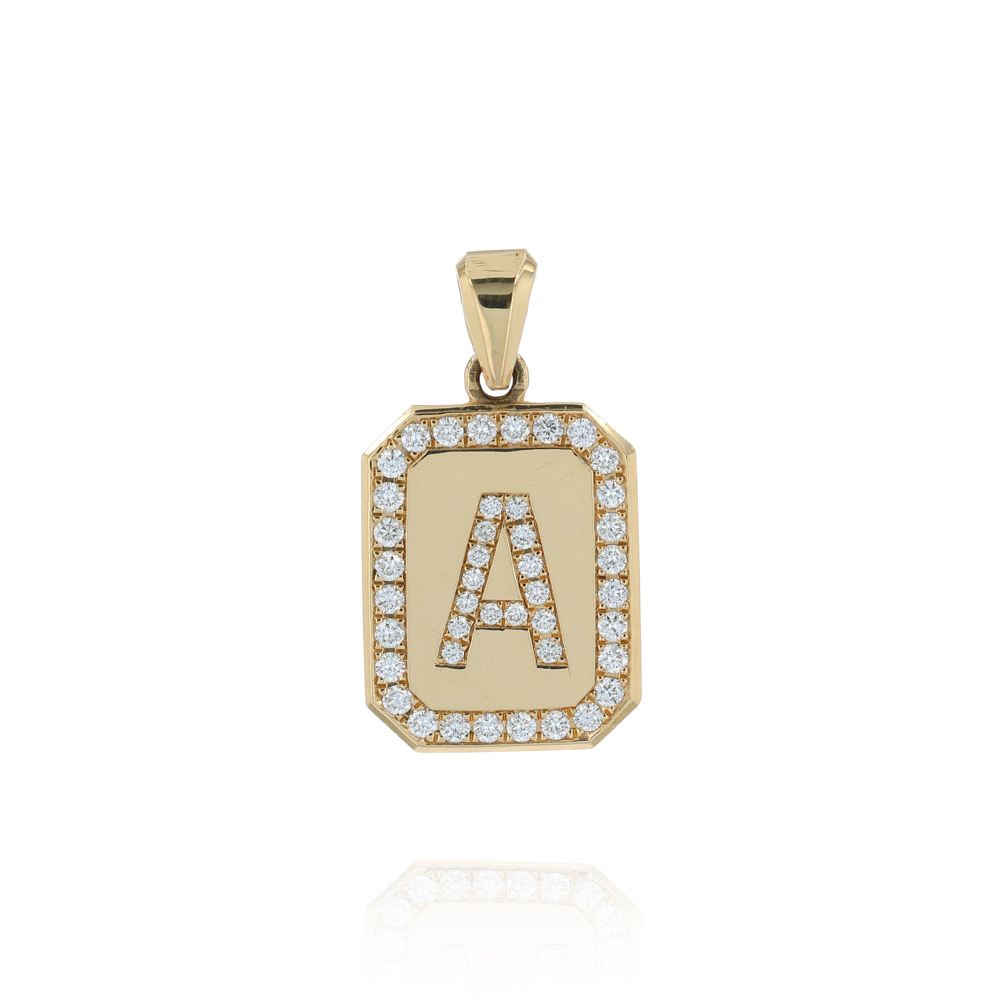 Gold rectangular letter "A" diamond initial pendant on a white background