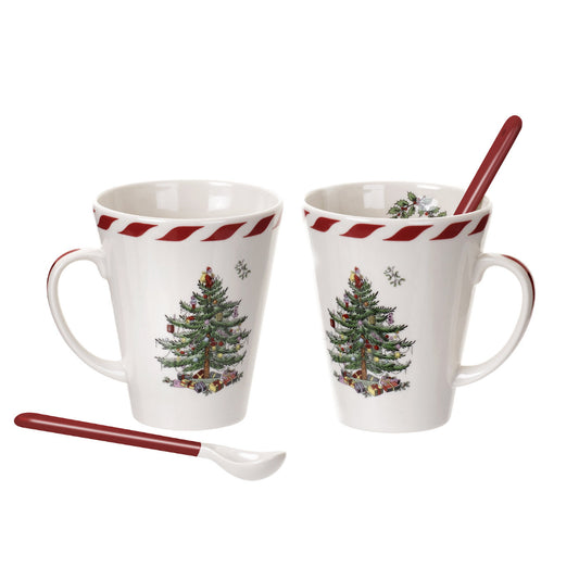 Spode Christmas Tree Peppermint Mugs with Spoons-Set of 2
