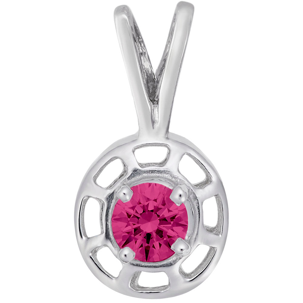 Round silver pendent with a pink gemstone on a white background 
