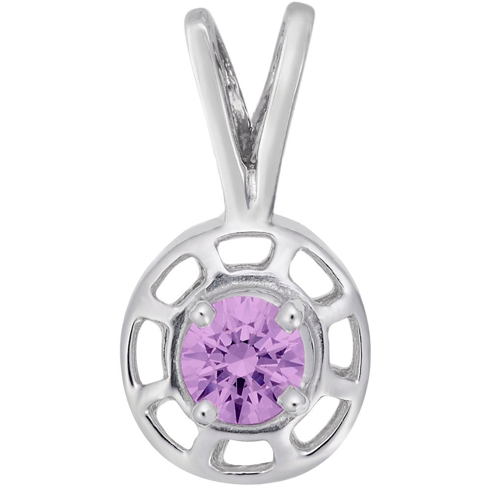 Round silver pendent with a purple gemstone on a white background 