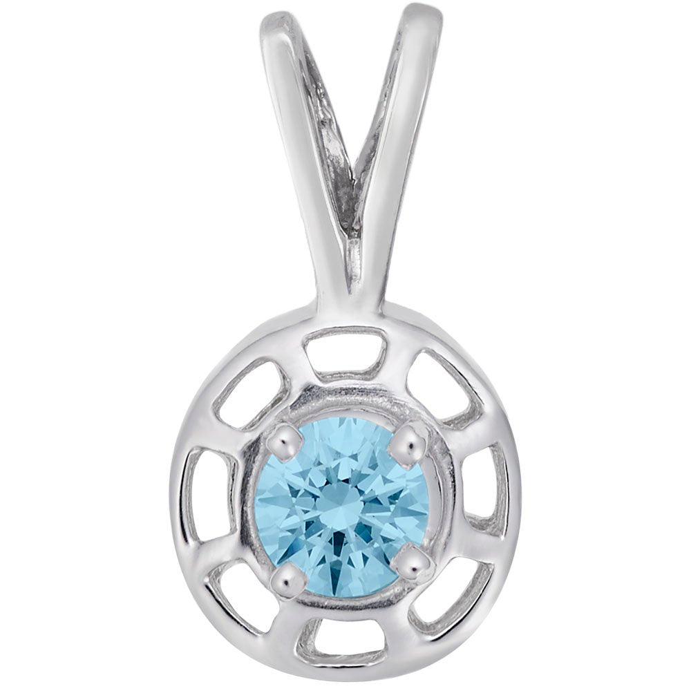 Round silver pendent with a blue gemstone on a white background 
