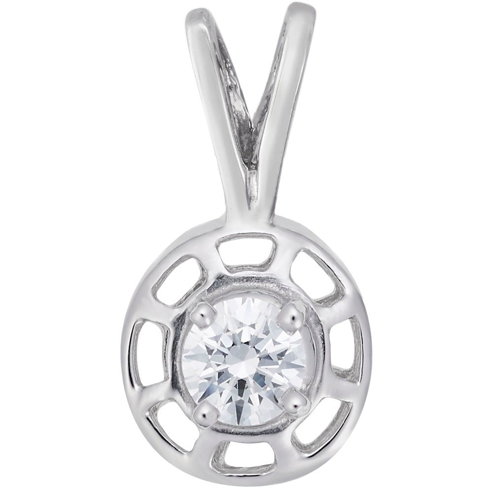 Round silver pendent with a clear gemstone on a white background 