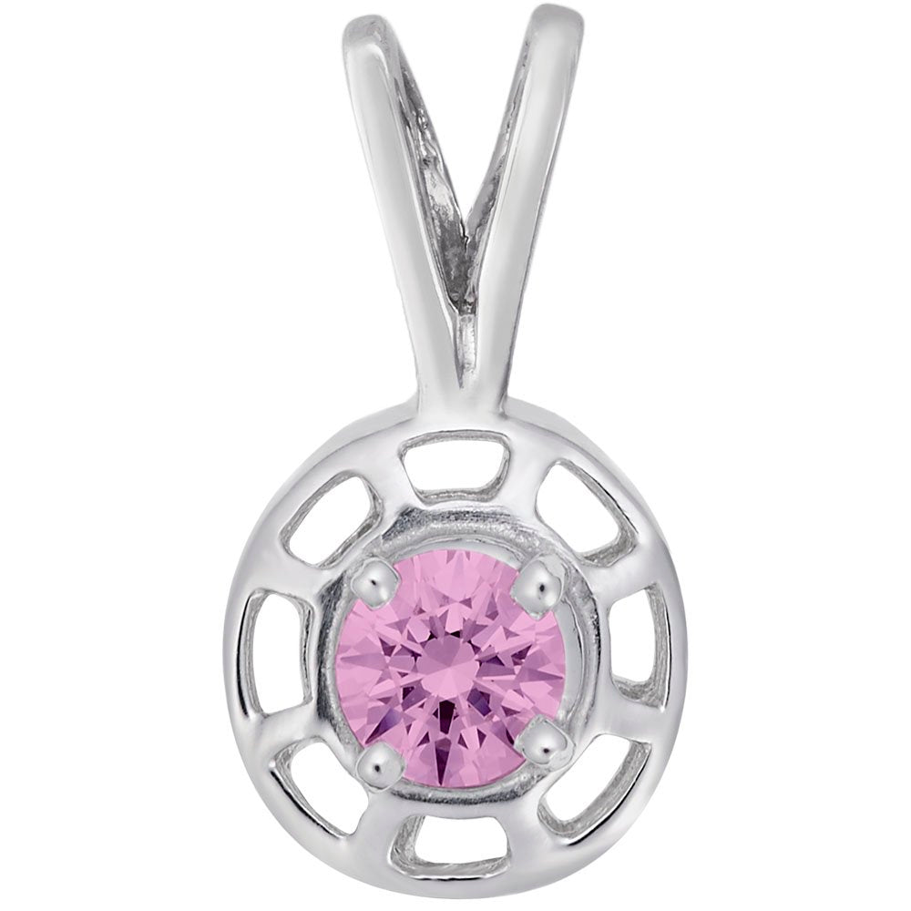 Round silver pendent with a pink gemstone on a white background 