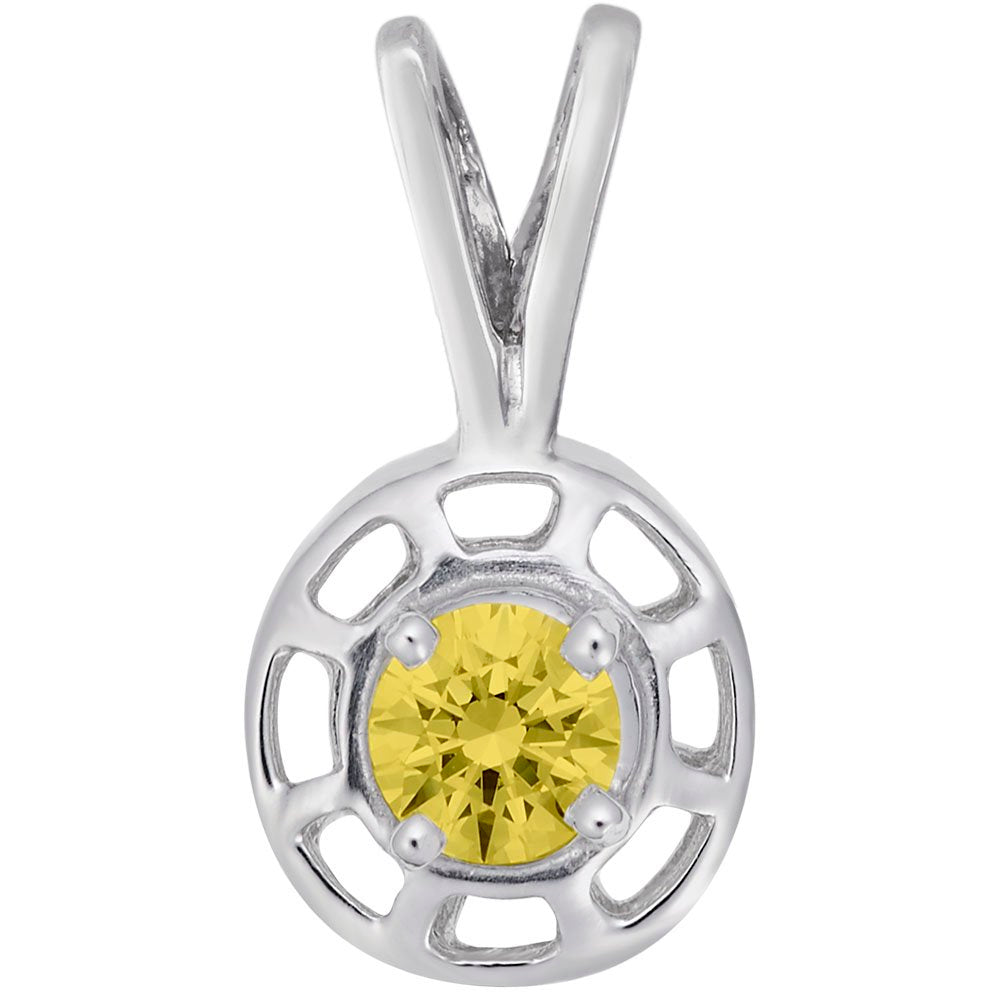 Round silver pendent with a yellow gemstone on a white background 