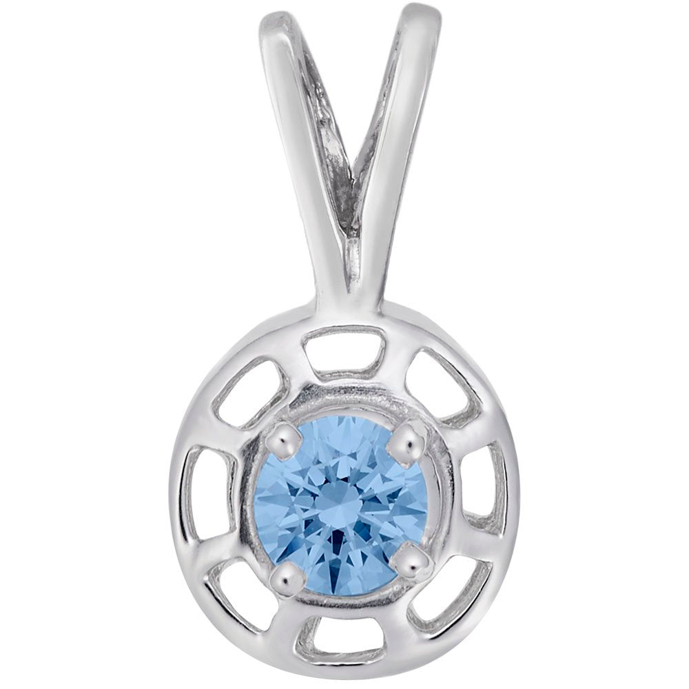 Round silver pendent with a blue gemstone on a white background 