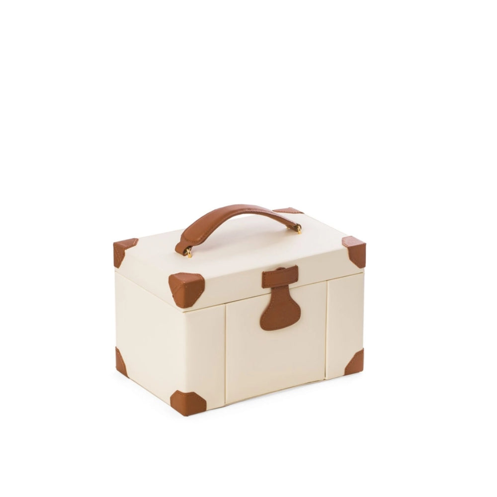 Small cream-colored suitcase with brown accents on a white background