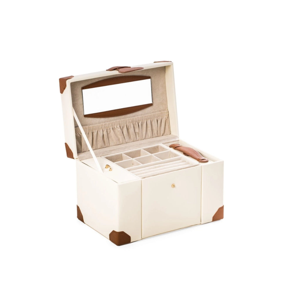 Open jewelry box with compartments on a white background