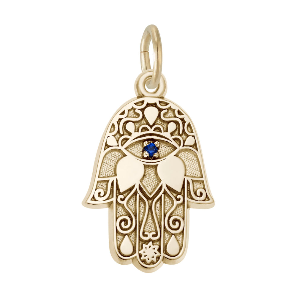 Gold stylized hand charm with blue stone 