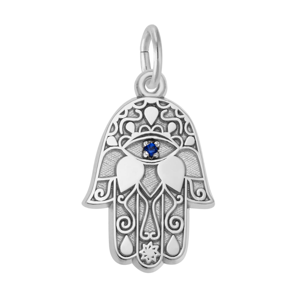 Silver stylized hand charm with blue stone 