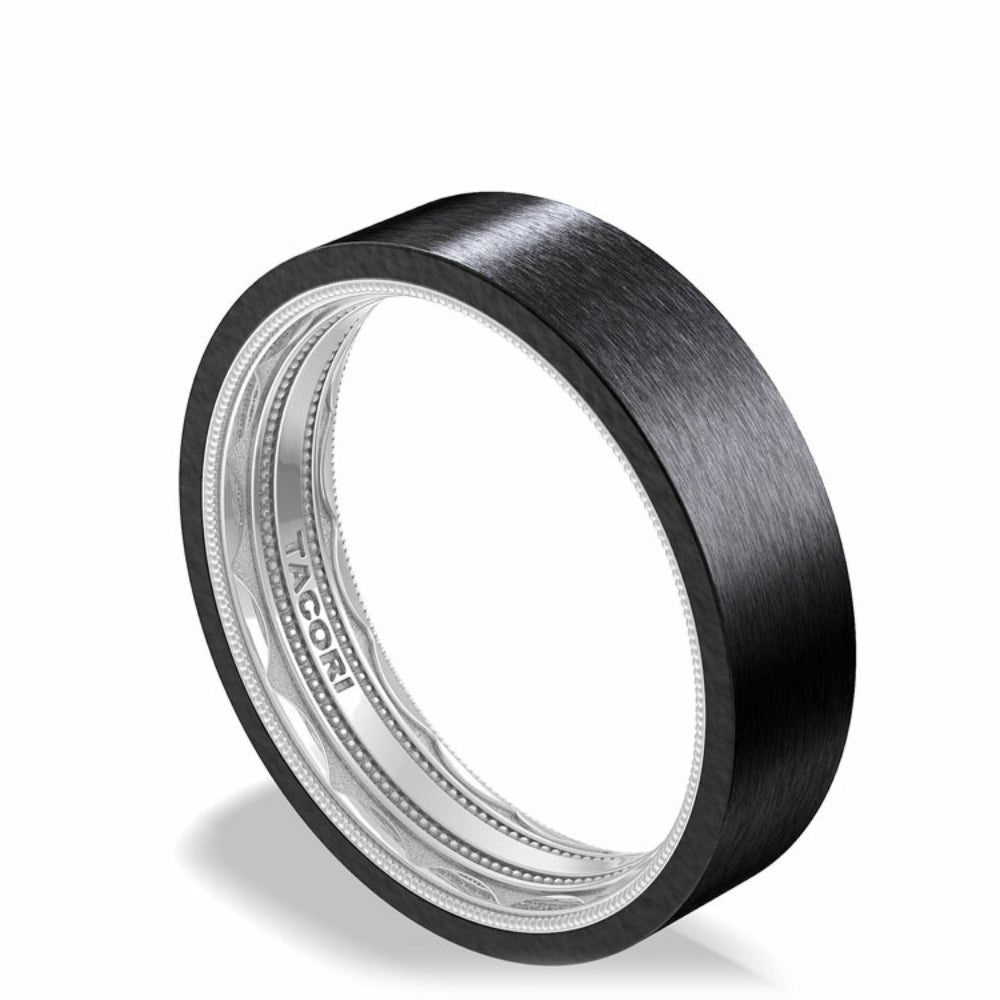 Black and silver ring with 'Tacori' branding on a white background