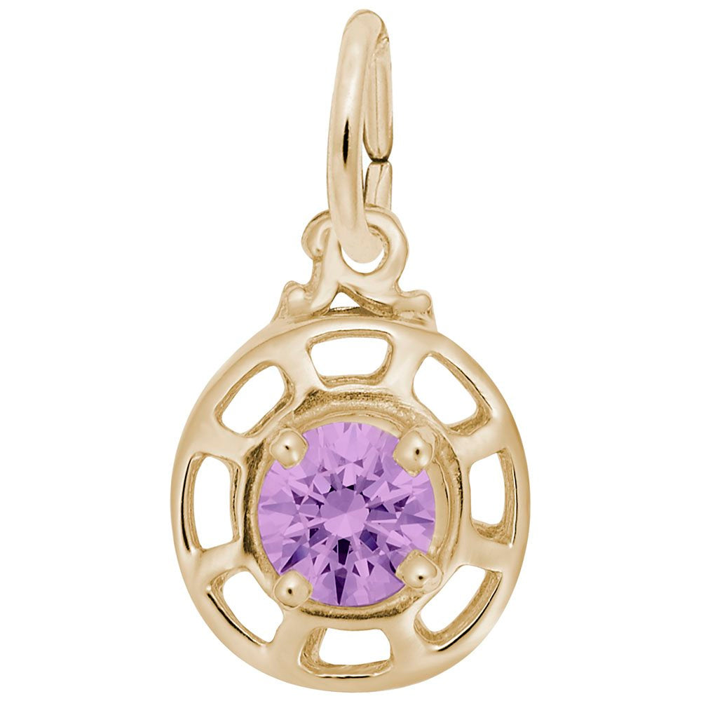 Gold charm with a purple gemstone on a white background
