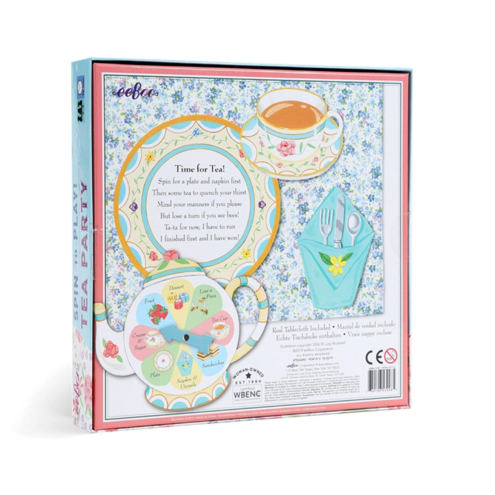 Children's tea party playset packaging with illustrations of a teacup, saucer, and utensils on a floral background.