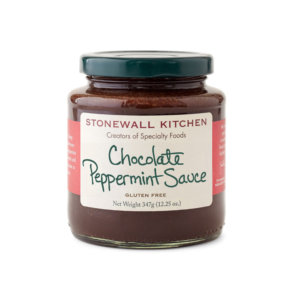 A jar of Stonewall Kitchen Chocolate Peppermint Sauce on a white backround. 