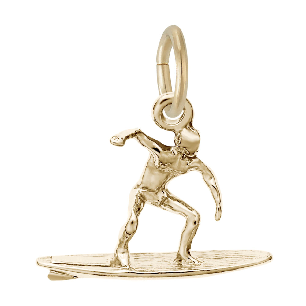 Gold surfer charm facing right, on a white background