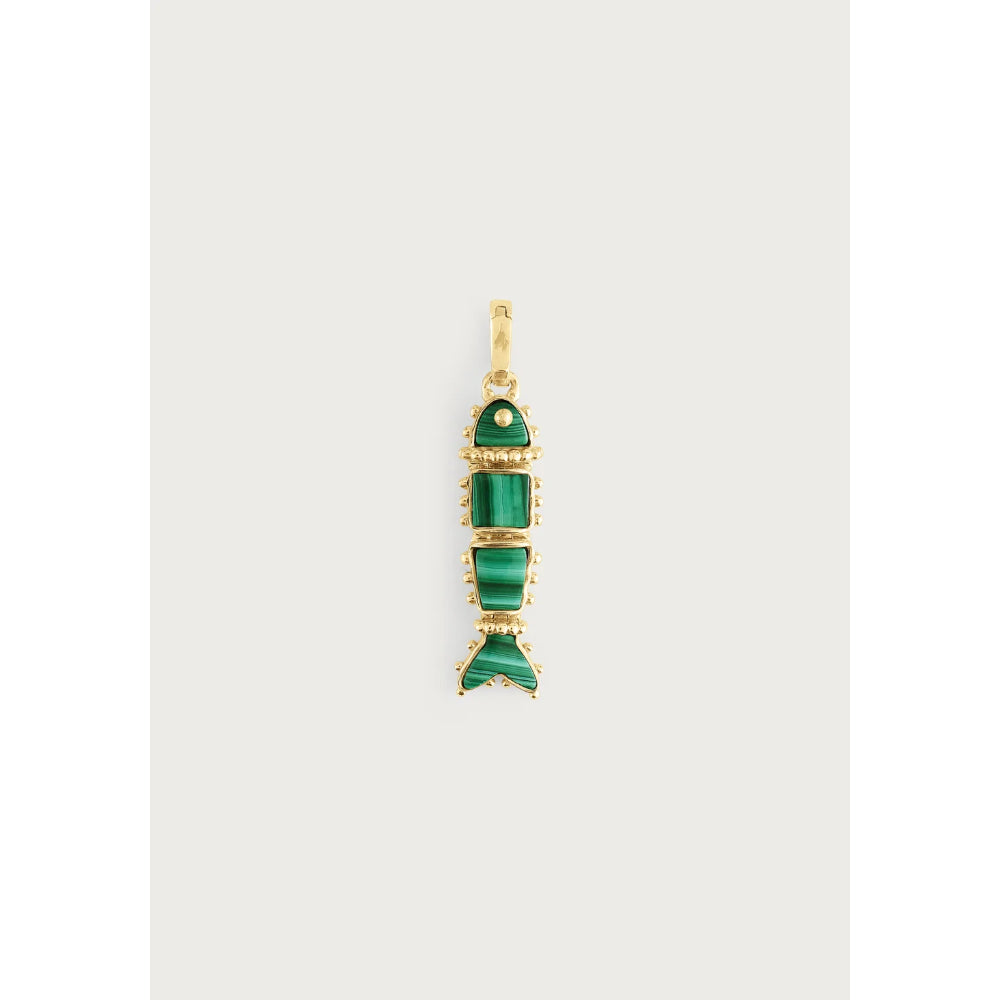 A gold pendant shaped like a fish, featuring green malachite stone inlays and a small round green stone at the top, set against a light gray background.