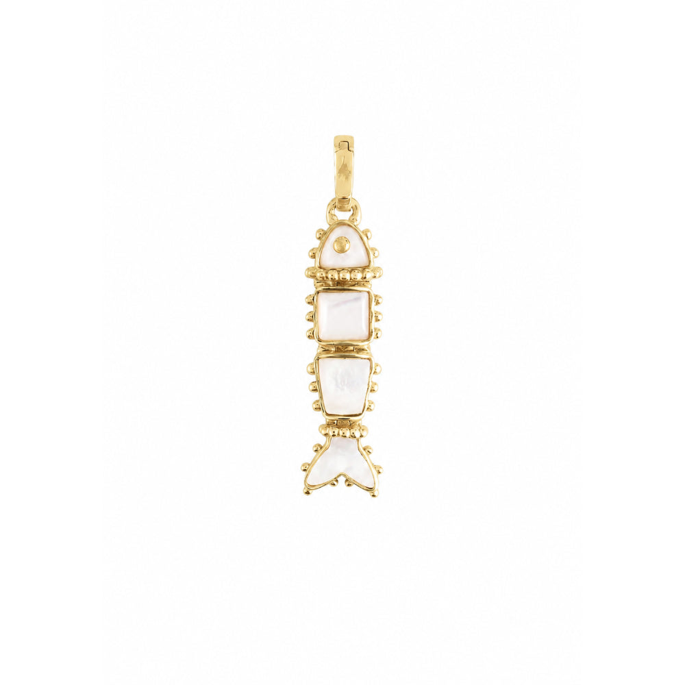 A gold pendant shaped like a stylized fish, featuring three stacked mother-of-pearl shell inlays and a small round accent stone, shown on a plain white background.
