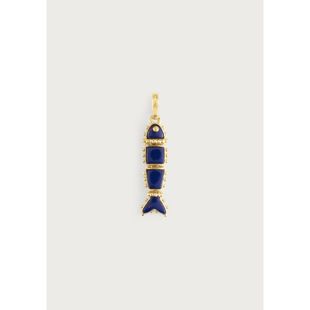 A gold fish-shaped pendant with deep blue enamel inlay, shown against a light gray background.