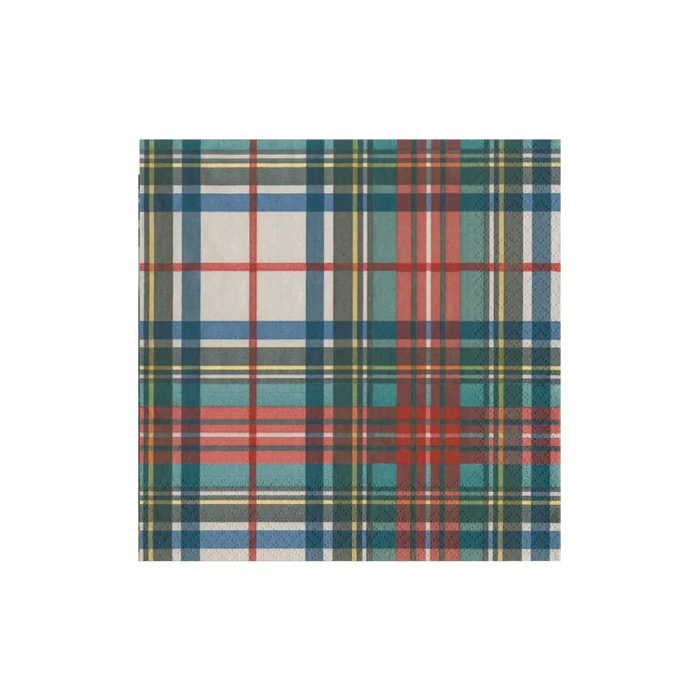 Plaid fabric swatch with red, blue, green, and beige colors on a white background