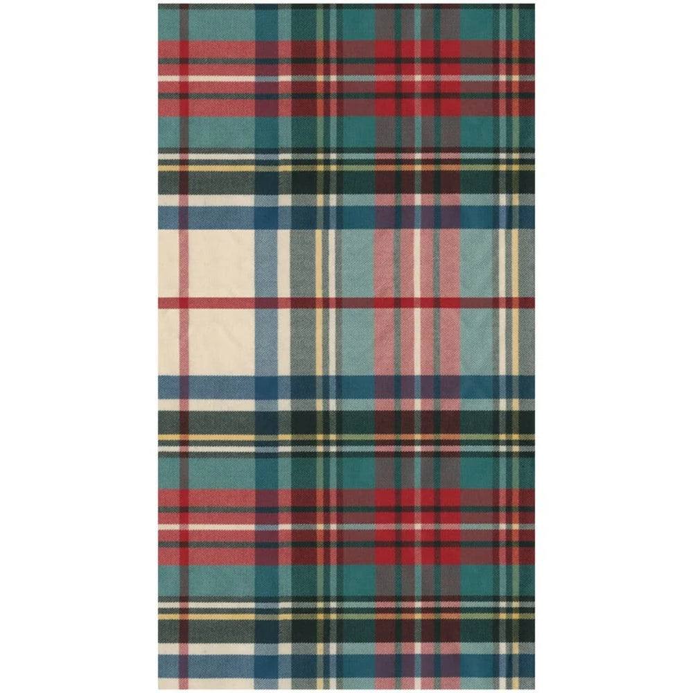 Plaid patterned towel with red, blue, green, and beige colors on a white background