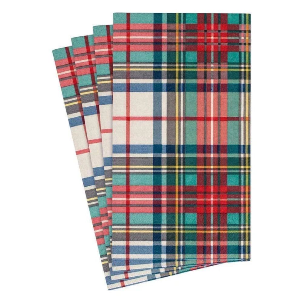 Four folded plaid kitchen towels fanned out on a white background, featuring a festive tartan pattern in red, green, blue, gray, and cream.