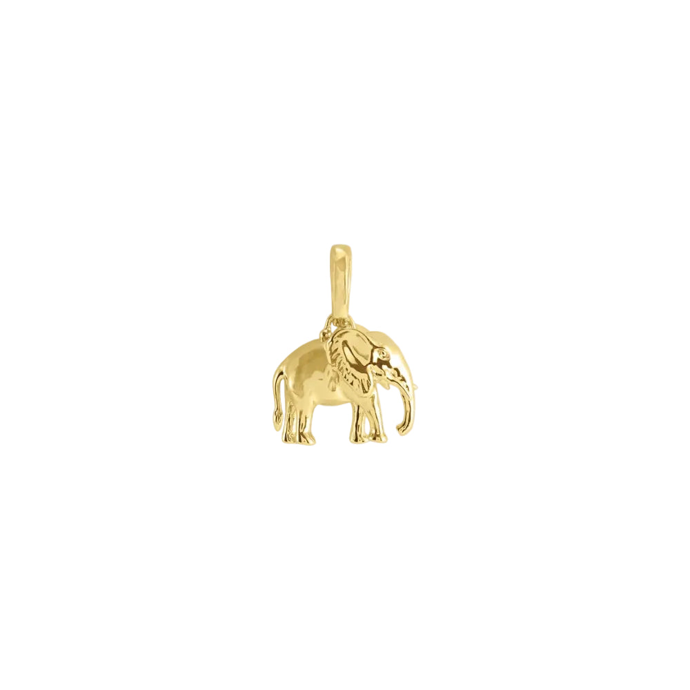 A small polished gold elephant pendant charm with a polished bail, shown against a light gray background.