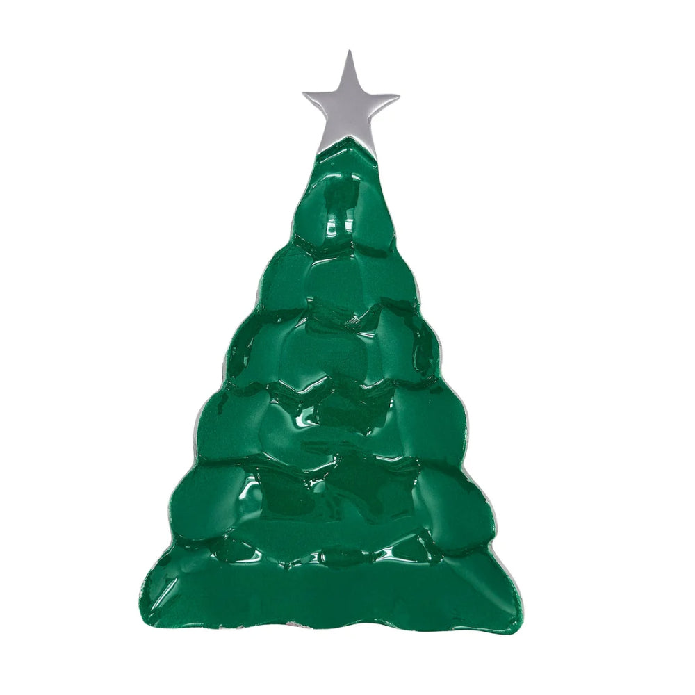 Small green tree candy dish with silver star on top on a white backround. 