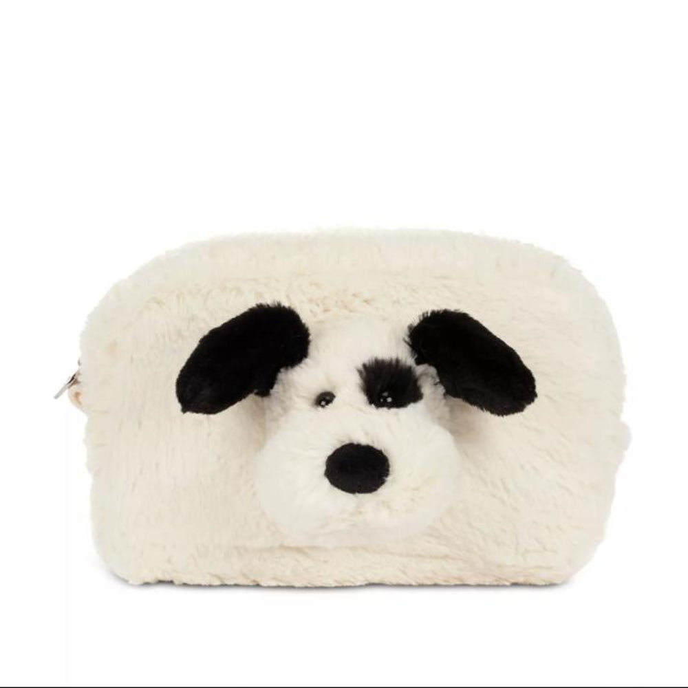 A fluffy faux-fur pouch shaped like a dog face, featuring black ears, nose, and eyes on an off-white background, photographed on a solid white studio background.