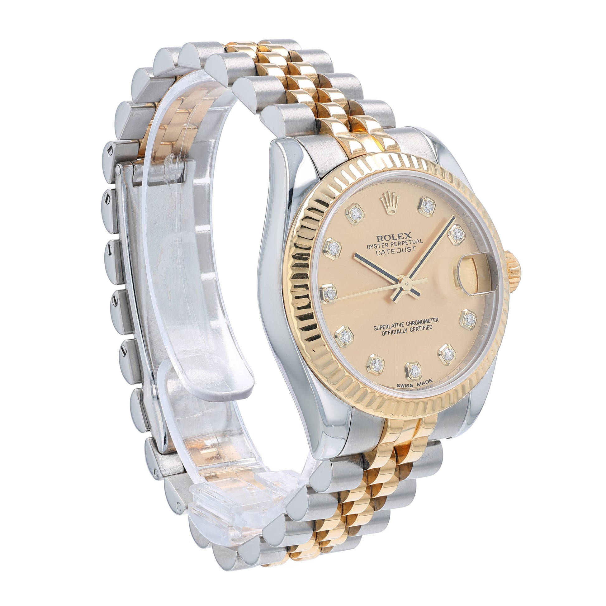 Angle of a two-tone Rolex watch with a diamond dial on a white background