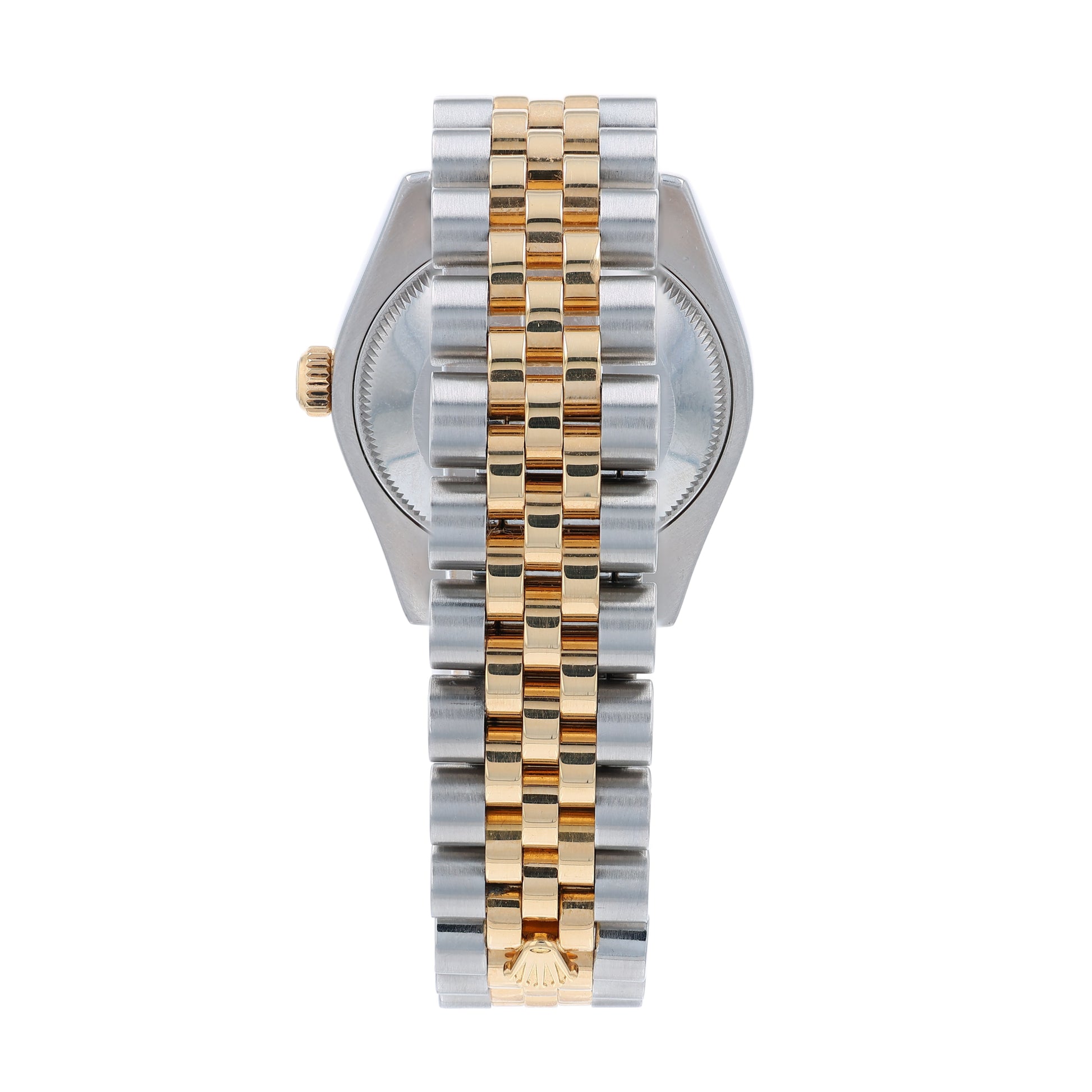Back angle of a two-tone Rolex watch with a diamond dial on a white background