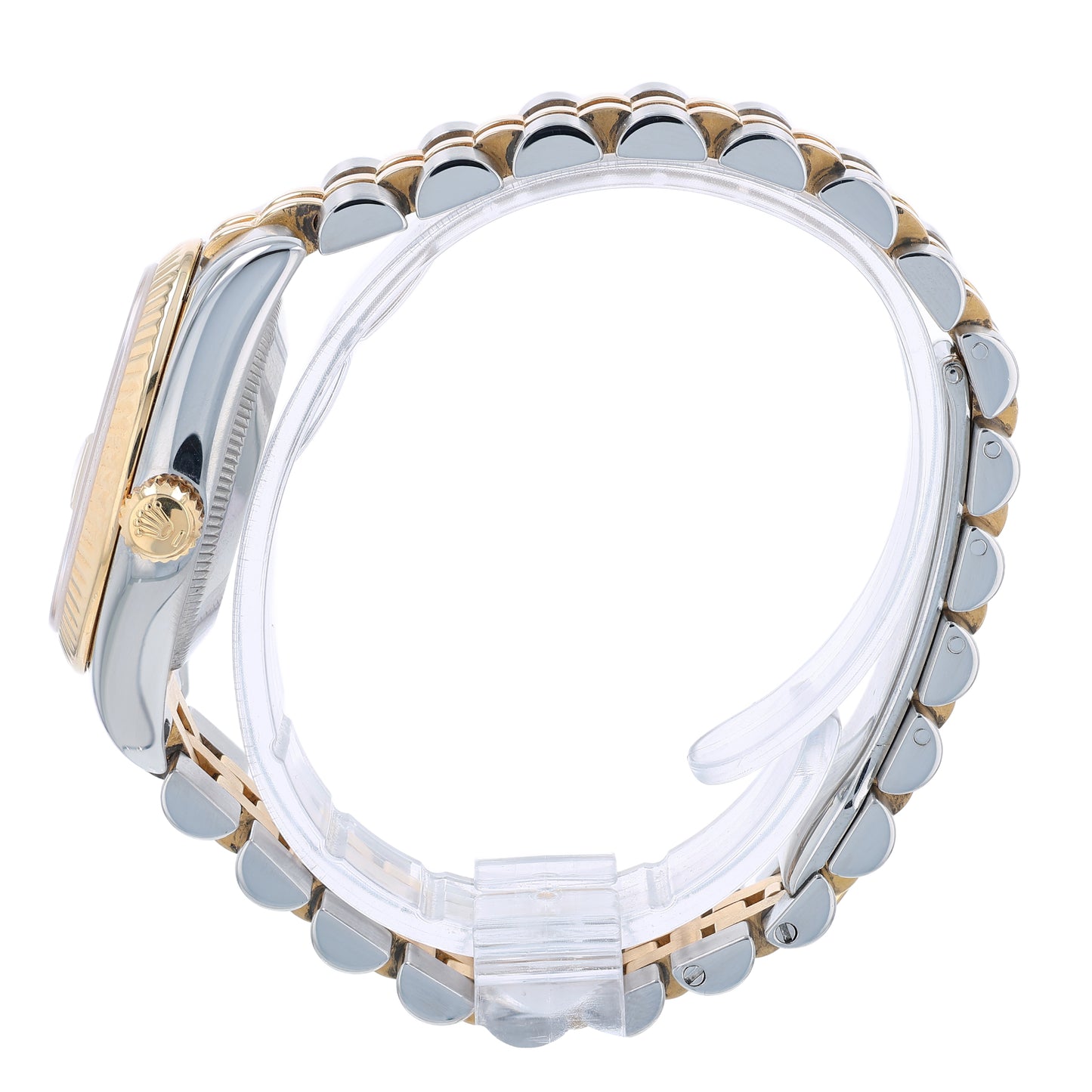 Side profile of a two-tone Rolex watch with a diamond dial on a white background