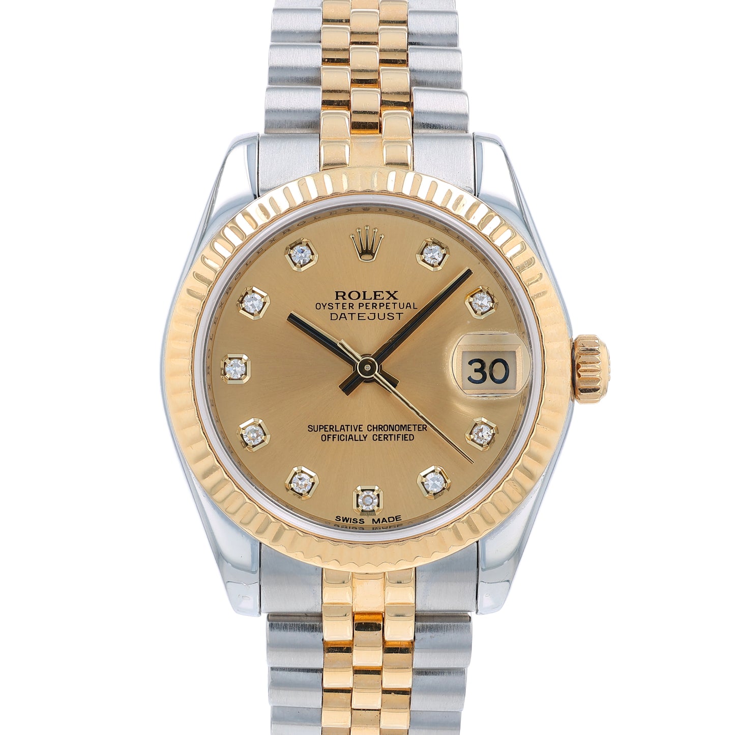 Two-tone Rolex watch with a diamond dial on a white background