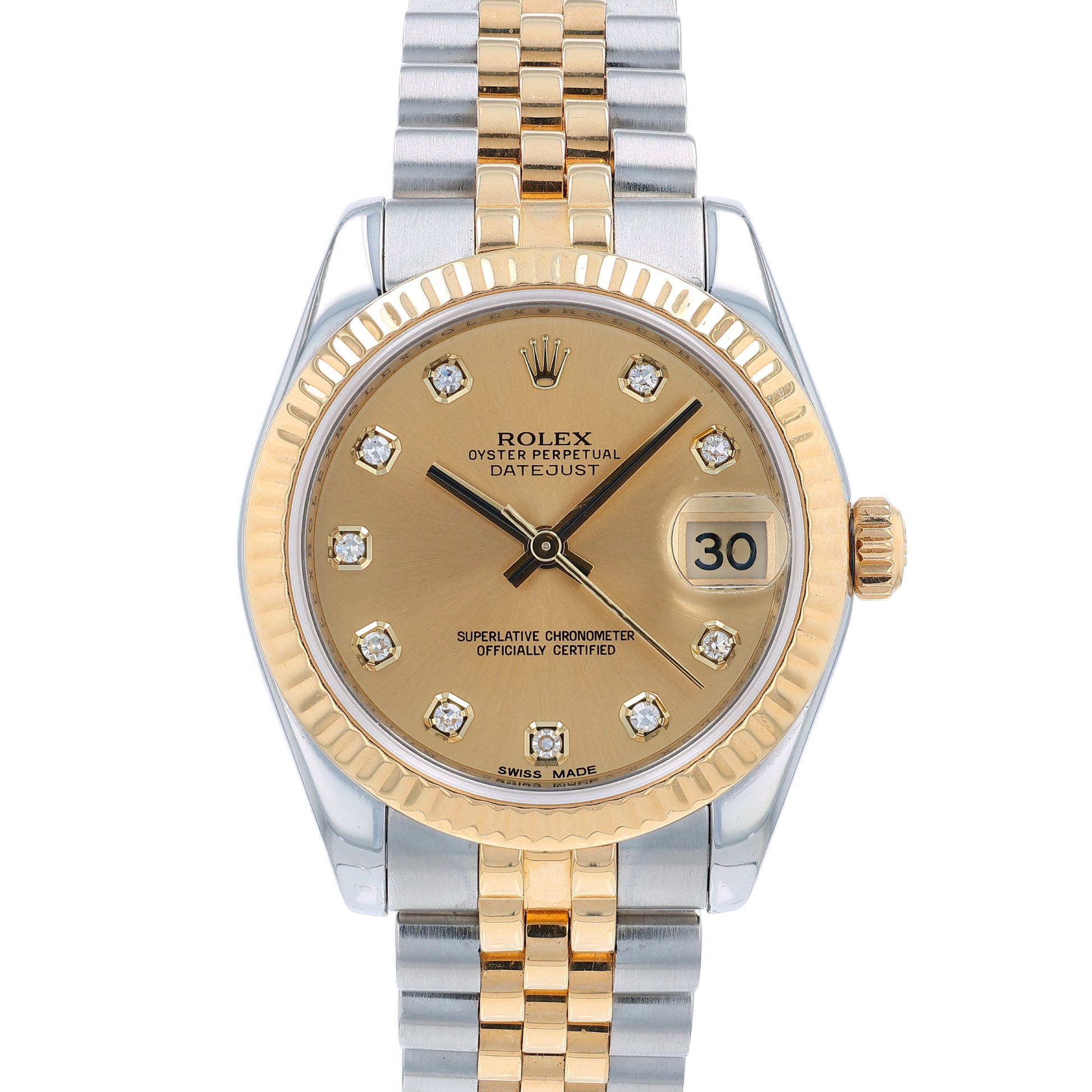 Two-tone Rolex watch with a diamond dial on a white background