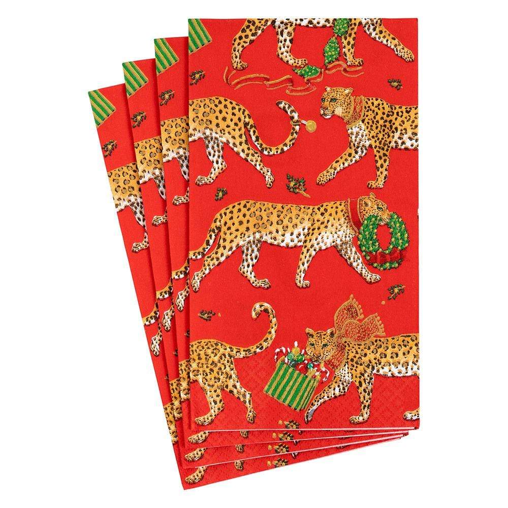 Caspari Christmas Leopards Red Paper Guest Towel Napkins - Pack of 15