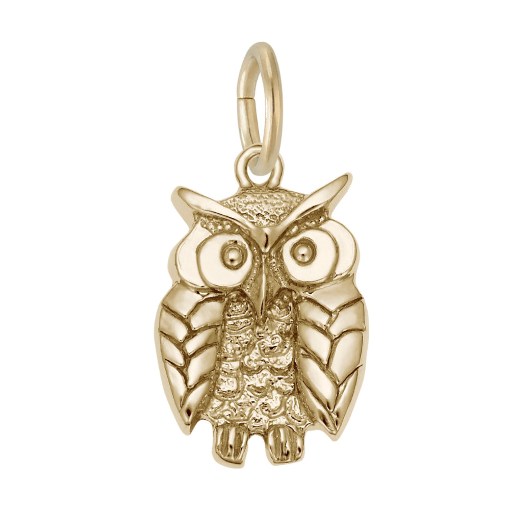 Gold owl charm on a white background