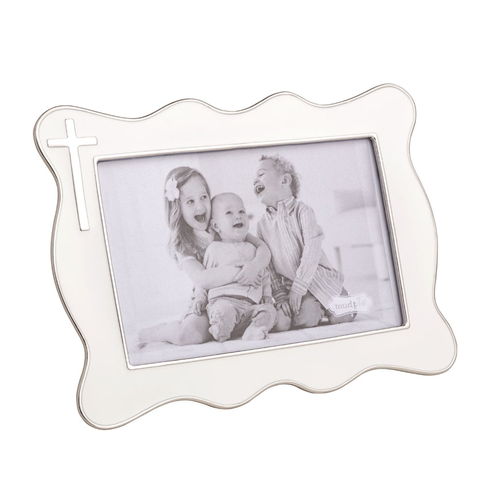 White decorative photo frame with a family portrait inside on a white background