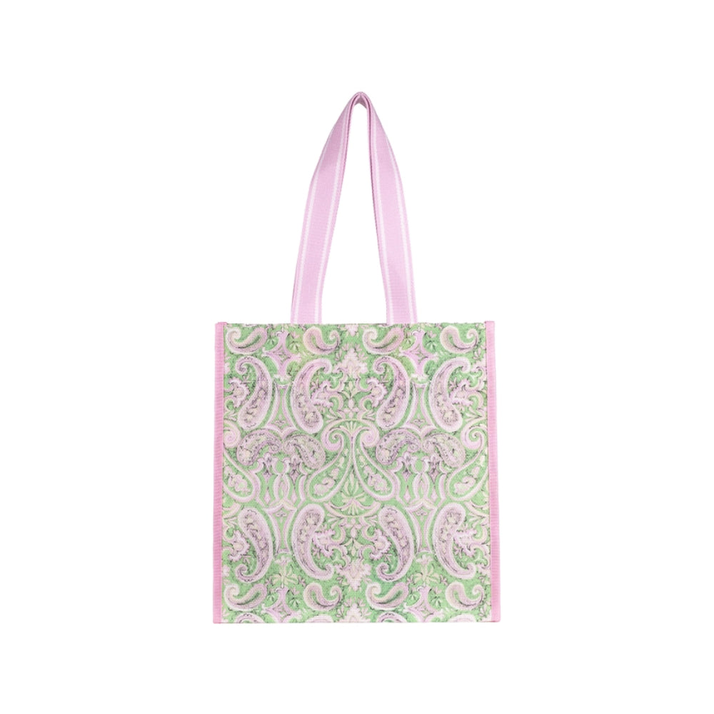 A light pink and mint green patterned tote bag with matching pink shoulder straps, shown against a plain white background.