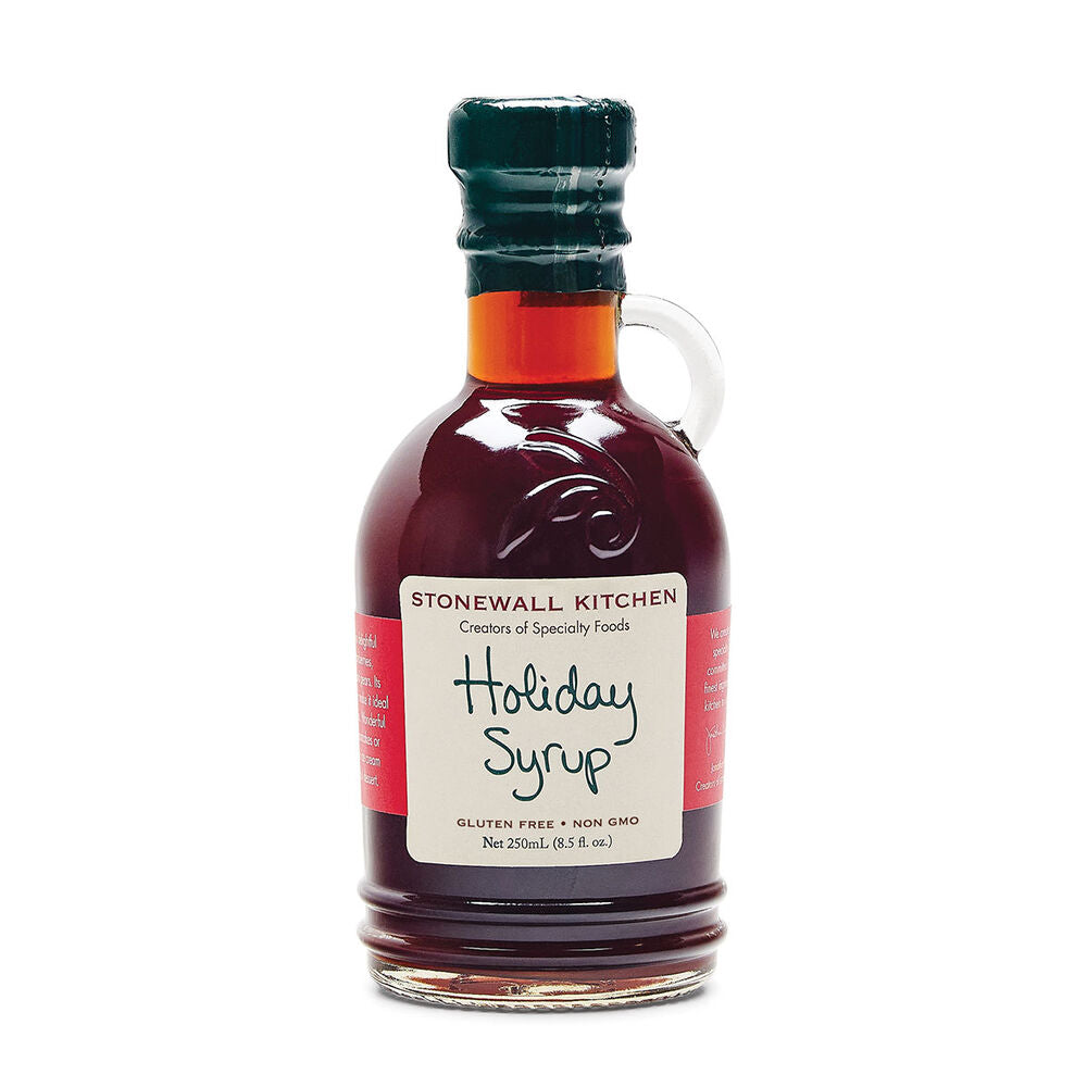 Bottle of Stonewall Kitchen Holiday Syrup on a white background.