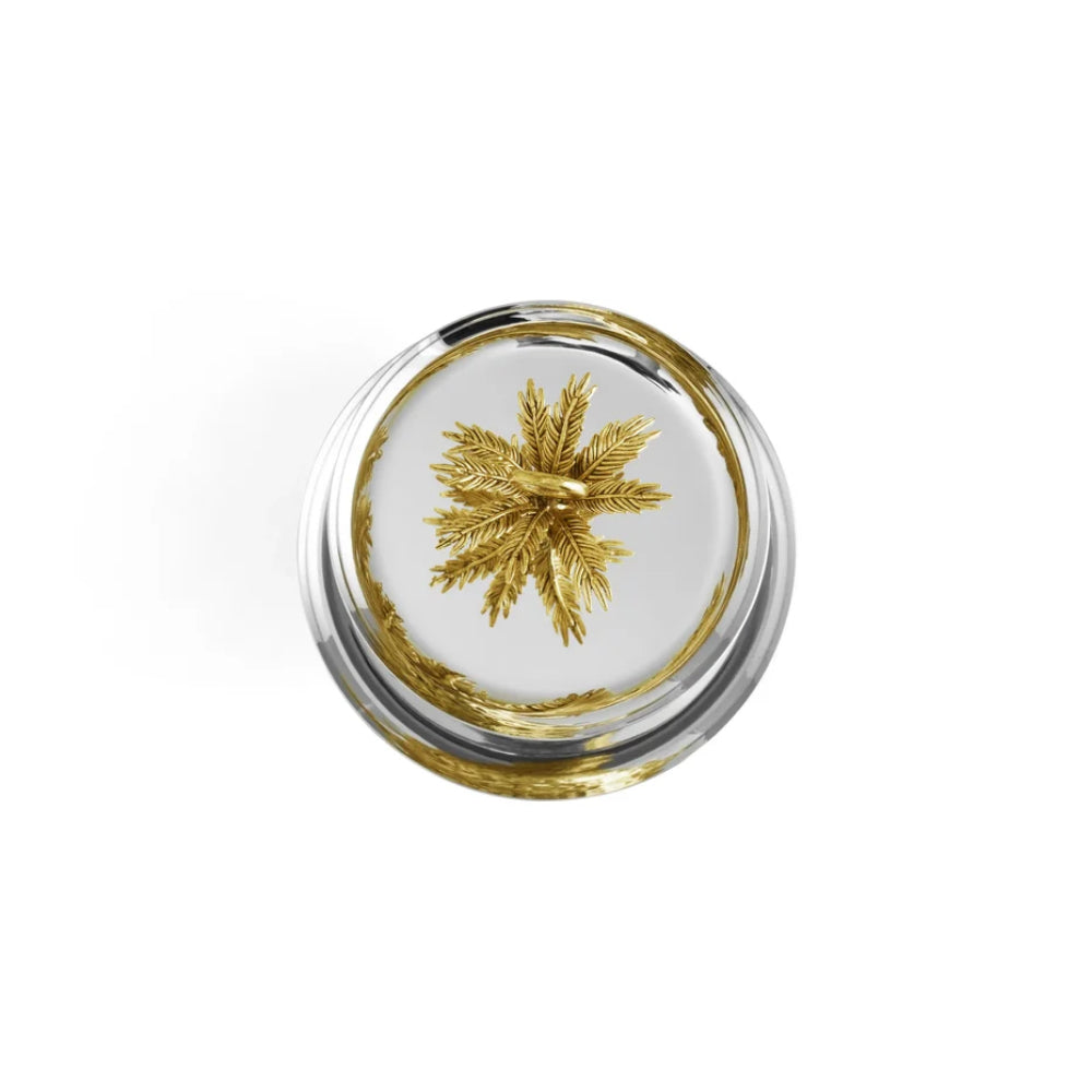 A circular clear glass dish or bowl viewed from above, featuring a metallic gold starburst pattern in the center and a gold ring near the rim, set against a plain white background.