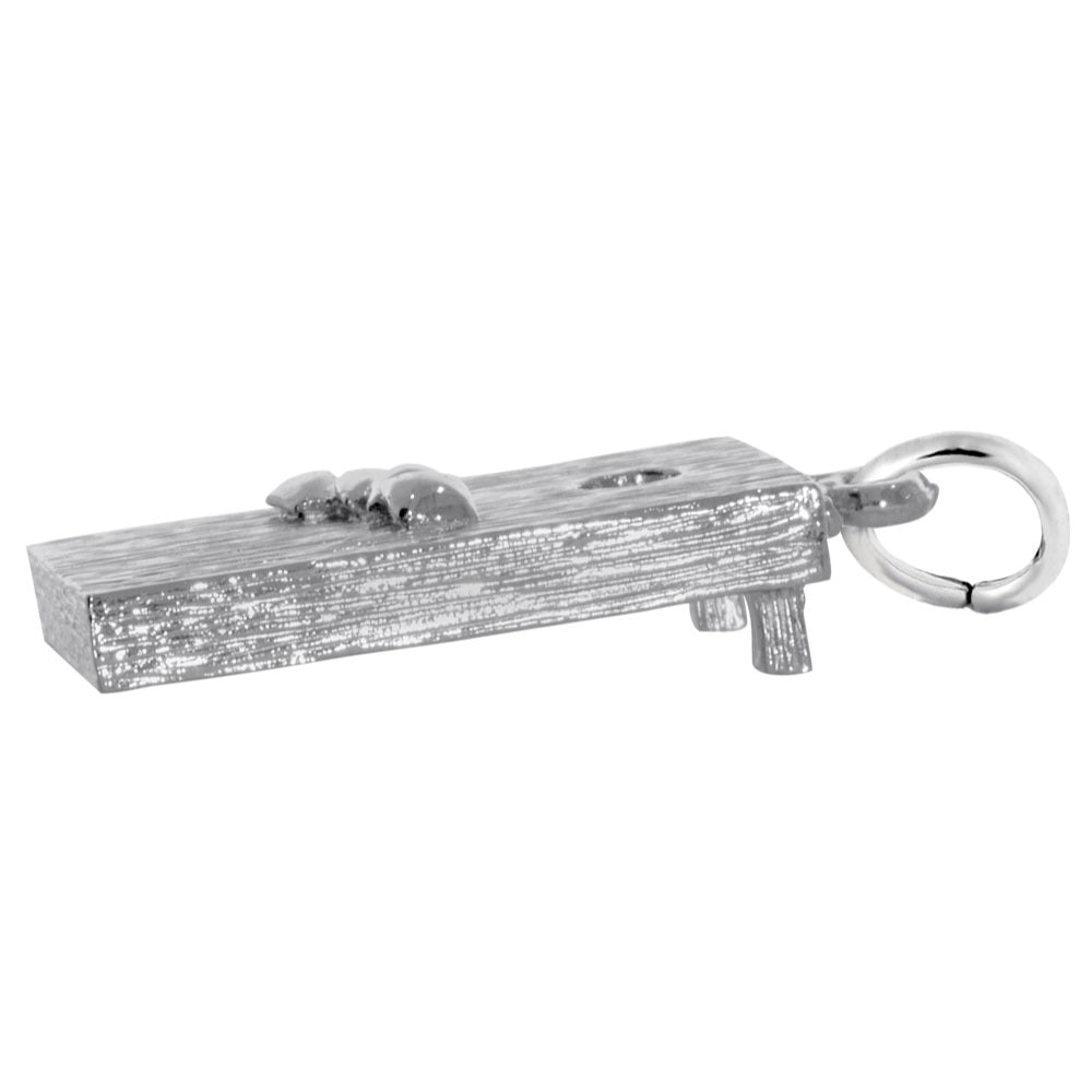 Side view of a Silver textured corn hole board charm on a white background