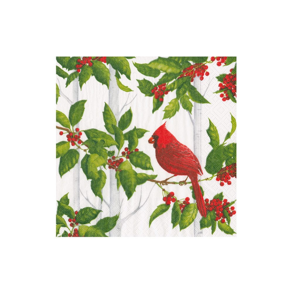 Caspari Holly and Songbirds White & Silver Cocktail Napkins - Set of 20