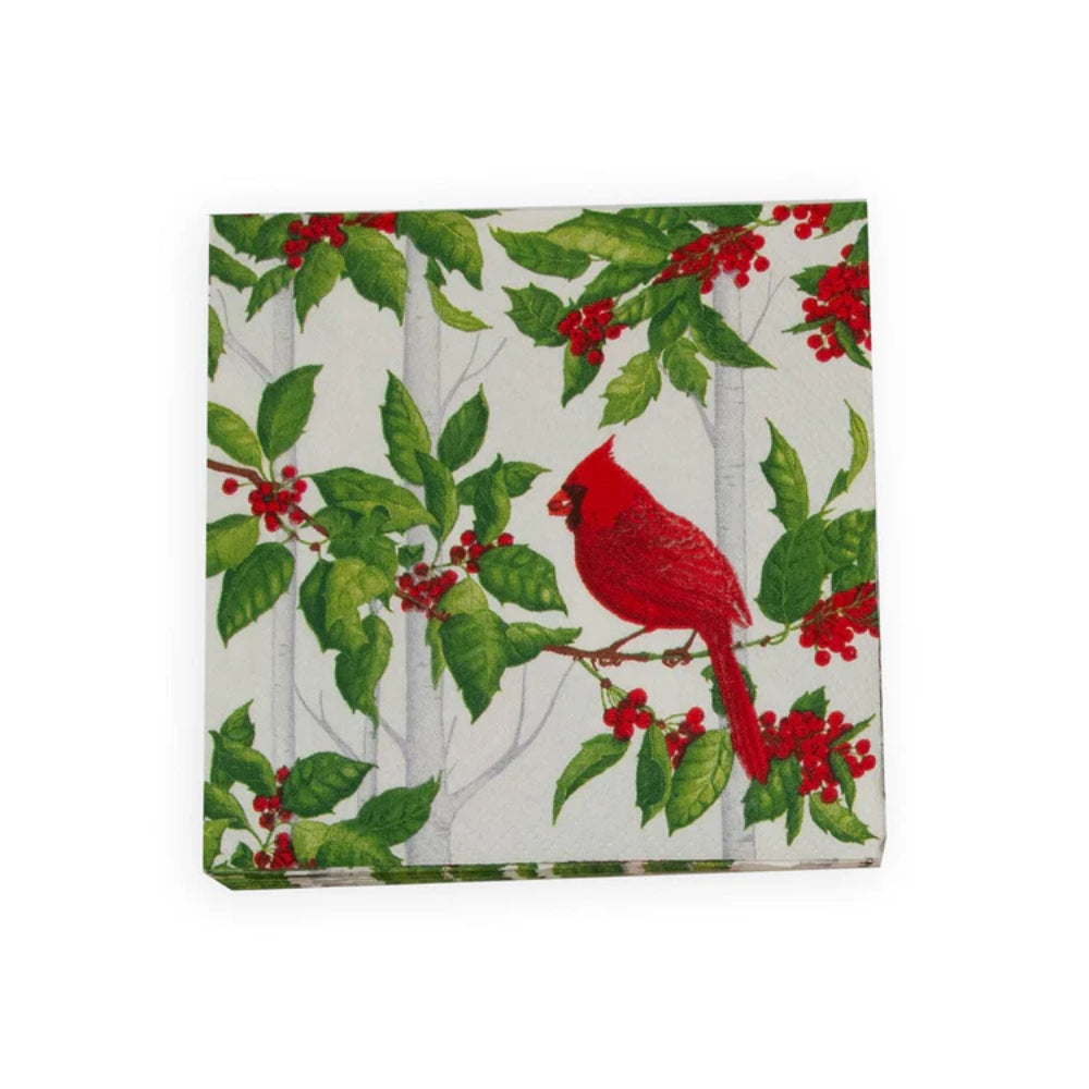 Caspari Holly and Songbirds White & Silver Cocktail Napkins - Set of 20