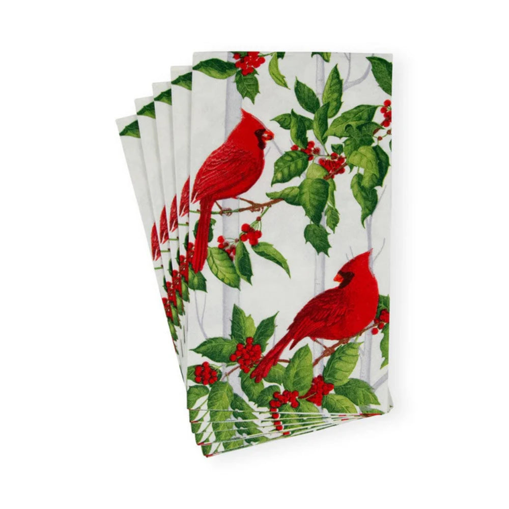 Caspari Holly and Songbirds White & Silver Guest Towel Napkins - Set of 15