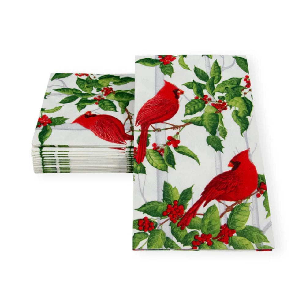Caspari Holly and Songbirds White & Silver Guest Towel Napkins - Set of 15