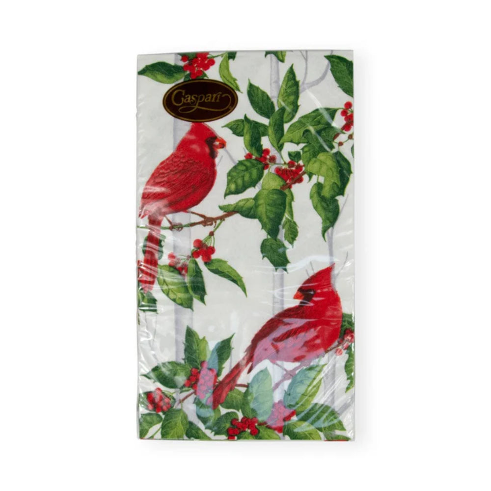 Caspari Holly and Songbirds White & Silver Guest Towel Napkins - Set of 15